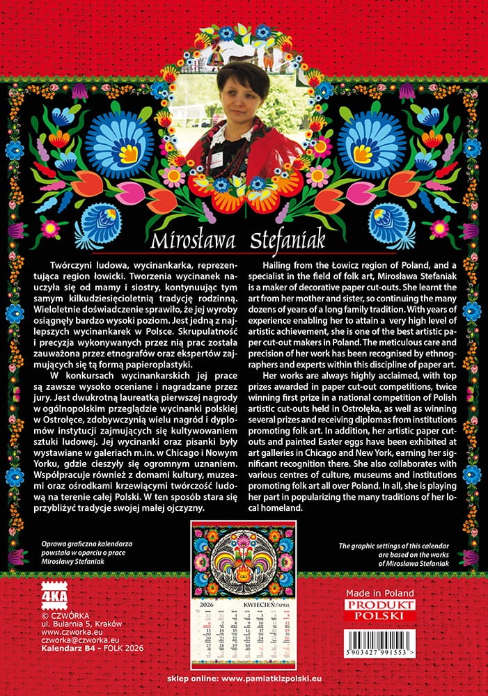 Kalendarz Ścienny 2026 Polska Sztuka Ludowa Mirosława Stefaniak B4
