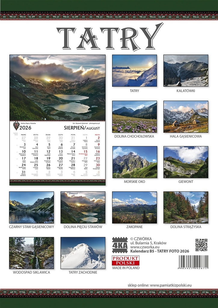 Kalendarz Ścienny 2026 Tatry Fotografie B5