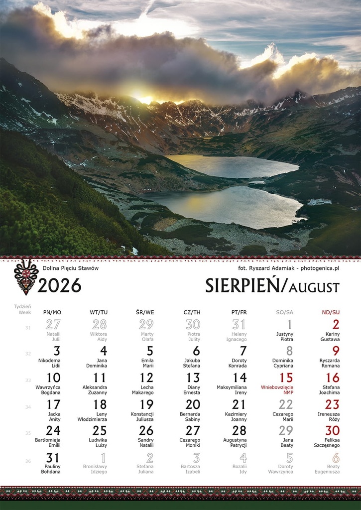 Kalendarz Ścienny 2026 Tatry Fotografie B5