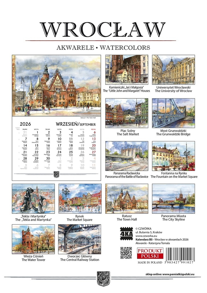Kalendarz Biurkowy 2026 Wrocław Akwarele Katarzyna Tomala B5
