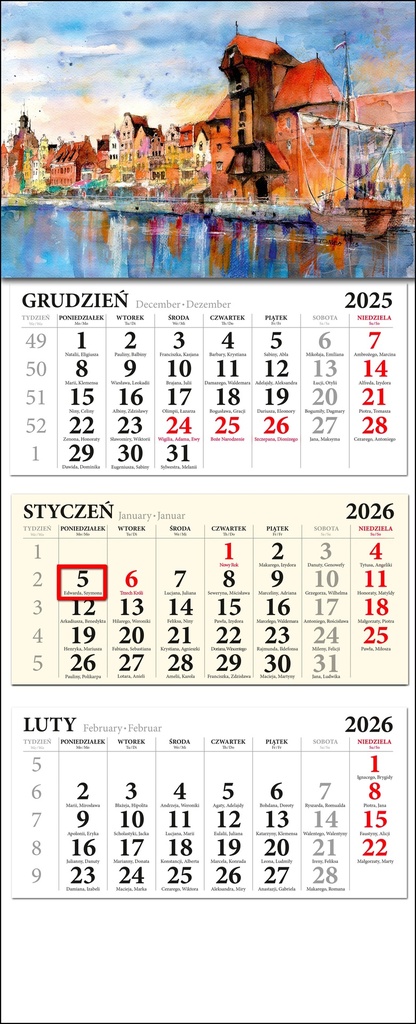 Kalendarz Ścienny Trójdzielny Gdańsk 01 2026 Akwarela